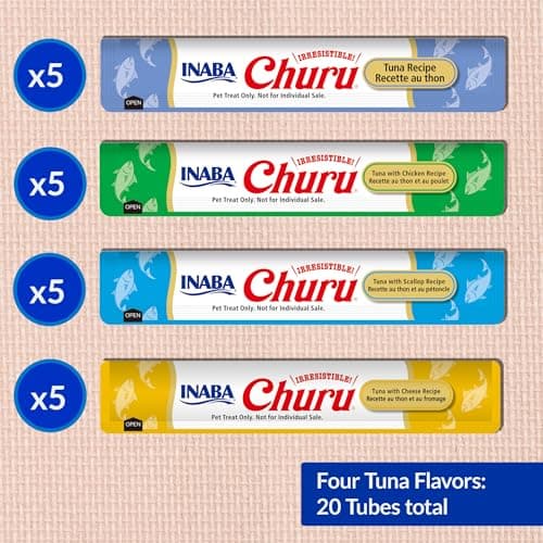 INABA Churu Cat Treats, Grain-Free, Lickable, Squeezable Creamy Purée Cat Treat/Topper with Vitamin E & Taurine, 0.5 Ounces Each Tube, 20 Tubes, Tuna Variety Box — view 5