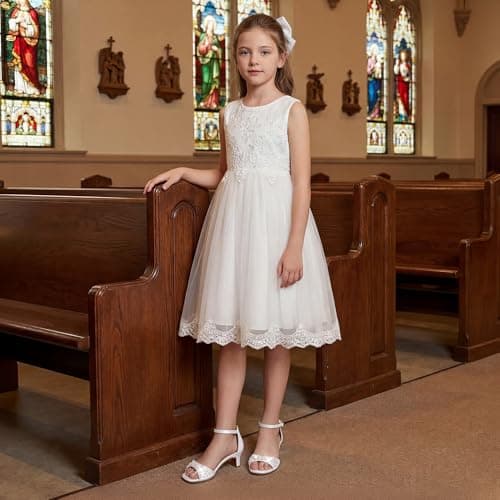 Furdeour Girls Dress Shoes White High Heel Princess Size 4 Sandals Big Kids Flower Girl Shoe Prom Dressy Age 12 Sandalias Tacones Daughter Birthday Sparkly Pearl Easter Formal (F2910 White 4) — view 2