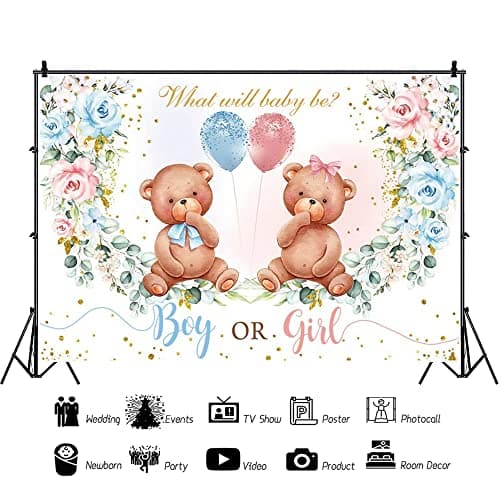 Bear Gender Reveal Baby Shower Party Backdrop Boy or Girl Pink Blue Floral Eucalyptus Photography Background Party Decor Blue and Pink Balloons Gold Photobooth Cake Smash 7x5ft