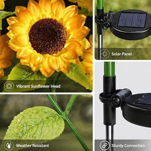 2PCS Solar Sunflower Lights Garden Stake, Garden Decor，800mAh Waterproof Garden Stake Lights with Realistic Flowers，Yellow, 6 Flowers, Outdoor Decorative Lawn Ornament — view 5
