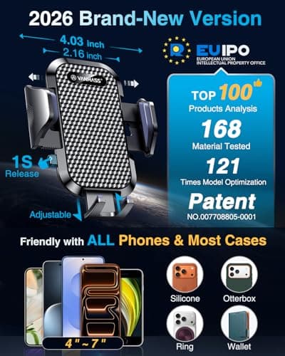 [2026 True Military-Grade] Car Phone Holder VANMASS [Upgraded Strongest Suction & Clip] Cell Phone Mount for Dashboard Windshield Vent Desk, Truck Cradle Stand for iPhone 17 Pro Max 16 15 14 Android — view 4
