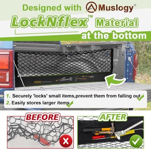 Muslogy Truck Bed Cargo Net Compatible with Chevy Silverado & GMC Sierra 2019-2025 Accessories Storage Organizer Pickup Truck Bed Envelope Style Cargo Net with Heavy Duty Carabiners — view 2