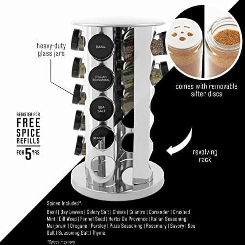 Kamenstein 20 Jar Revolving Countertop Spice Rack with Spices Included, FREE Spice Refills for 5 Years, Polished Stainless Steel with Black Caps, 30020 — view 2