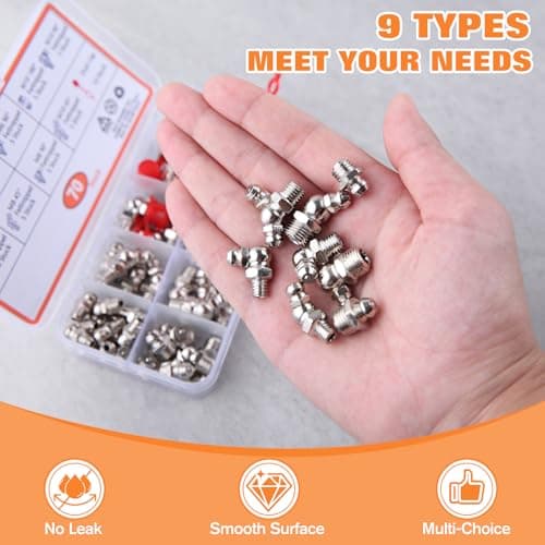 70 Pcs Metric Hydraulic Grease Fittings Assortment, M6 M8 M10 Straight 45° 90° Angled Zerk Grease Fitting with Cap, Galvanized Steel Grease Zerk Kit — view 5