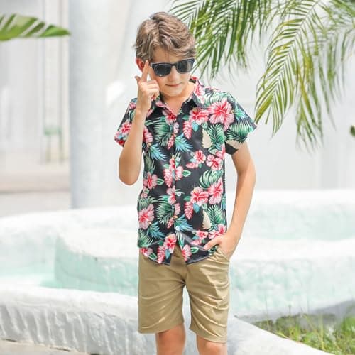 Kinberr Big Boys Button Down Shirt Summer Floral Printing Short Sleeve Tops Red Tropical Luau Shirt for Holiday — view 3