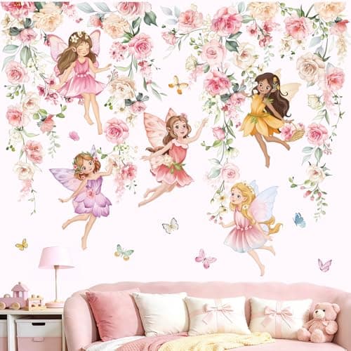 wondever Watercolor Flower Fairy Wall Stickers Pink Floral Girls Butterfly Peel and Stick Wall Art Decals for Baby Nursery Kids Room Girls Bedroom