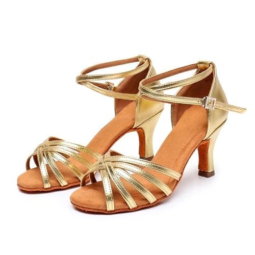 Rosefinch Latin Dance Shoes for Womens Satin Ballroom Salsa Practice Performance Wedding Dancing Shoes High Heels Dancing Shoes for Girls Ladies 7cm Gold 38 — view 3