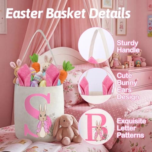 OXYEFEI Easter Baskets for Kids,Pink Personalized Easter Basket with Initial for Girl Boy Kids (A, Pink) — view 5