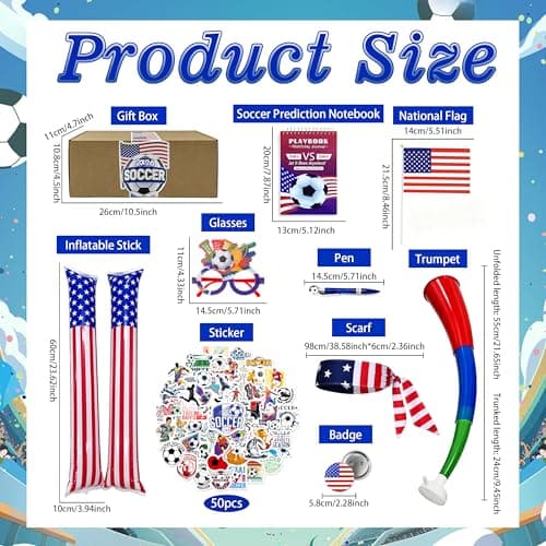 Soccer Fan Accessories Set, Game Day Party Supplies Kit with Inflatable Cheering Sticks, Horn, Headband, Glasses, Flag & Face Stickers, Sports Watch Party Decorations (USA)