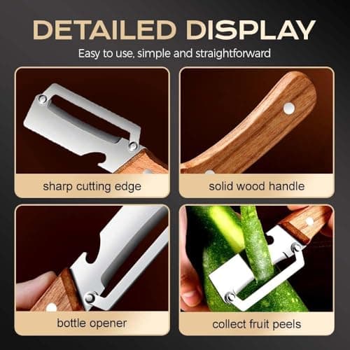 MultiFunctional Vegetable Peeler for Kitchen，Multifunctional Vegetable Peeler with Wooden Handle and Bottle Opener，2-in-1 Stainless Steel Kitchen Tool for Fruit Apple Potato Pumpkin Papaya (1) — view 3