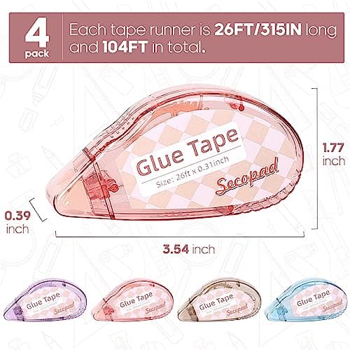 Secopad Scrapbook Tape, 4 Pack Double Sided Tape Roller for Crafts, Adhesive Glue Runner Scrapbooking Supplies Journaling School Office Teacher Supplies, 0.3IN x 26FT, Clear Light-Colored Shell — view 4