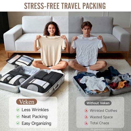 Veken 10 Set/8 Set Packing Cubes for Travel Essentials,Anti-Wrinkle Buckled Suitcase Organizer for Shoe & Toiletry Bag,Carry On Luggage Bag for Airplane & College Dorm Room Accessories,Women Men Gifts — view 6