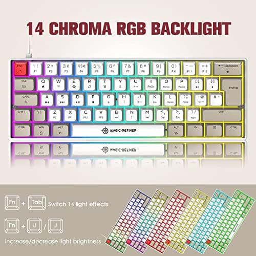 Mini Mechanical Gaming Keyboard Type-c Wired with PBT Dye-subbed Keycaps Rainbow RGB Backlit 60% Layout Full Anti-Ghosting 62 Key Ergonomic for Typist Laptop PC Mac Gamer (White Main/Red Switch) — view 2