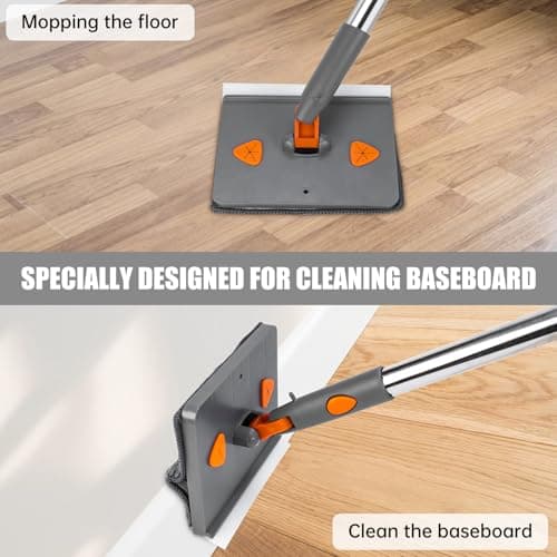 CALBEAU Baseboard Cleaner Tool with Handle, Folding Wall Mop with 86" Extension Pole, Swivel Wall Cleaner Mop with Squeegee, 8 Reusable Pads for Baseboard, Wall, Ceiling, Window, Floor, Dark Gray