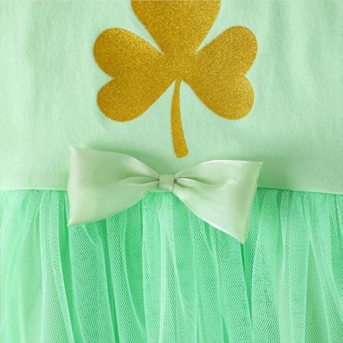 HILEELANG Toddler Girl Green Clover Dress Lucky Shamrock Tulle Outfit with Bow St Patrick’s Day Spring Party Clothes for Kids 4T — view 5