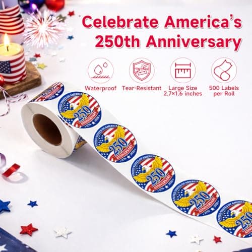 500 PCS 1.89" Patriotic 250th Independence Anniversary Stickers Roll Round American Flag Waterproof Decals Strong Adhesive Labels for Water Bottles Laptops 4th of July Party Decorations — view 3