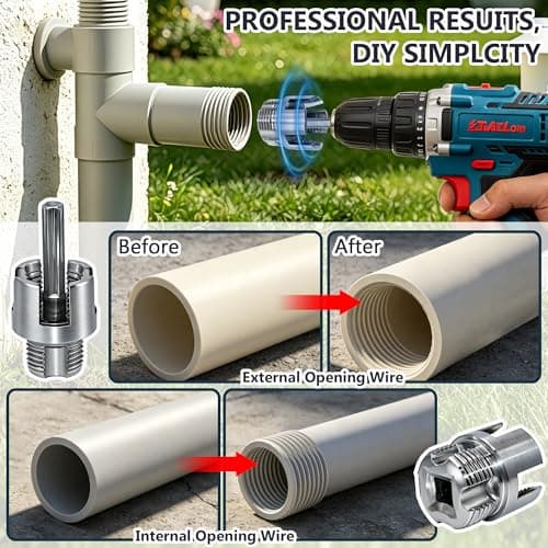 3PCS PVC Pipe Threader Kit, 1/2" 3/4" 1" Pipe Threading Tool Integrated Internal & External Threader with Hex Shank, Electric Drill Compatible Carbon Steel Thread Cutter for Plumbing Pipefitter Repair — view 5