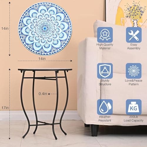 17" Tall Patio Side Table, 14 Inch Round Side Table, Weather Resistant Anti-Rust Metal Indoor Outdoor Side Table for Patio Yard Porch Balcony Garden Bedside, Blue — view 6
