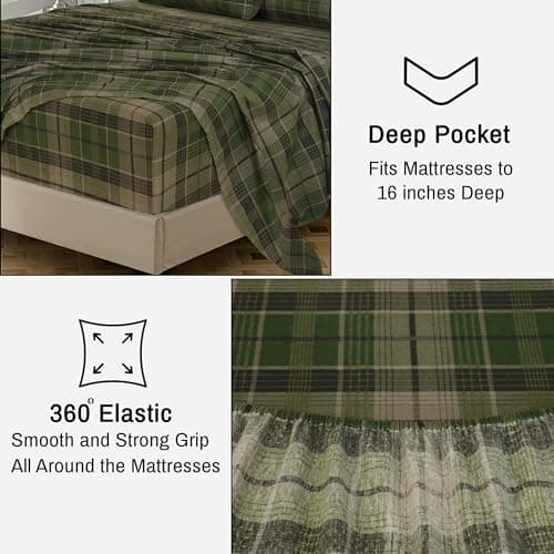 RUVANTI Flannel Sheets Queen Size - 100% Cotton Double Brushed Bed Sheets, Deep Pockets 16 Inches Queen Sheet Set, All Seasons Breathable & Extra Soft - Warm & Cozy, 4 Piece, DNA Plaid — view 5