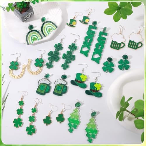 12 Pairs Glitter Rhinestone Earrings Jewelry Set Layered Tassel Green Hat Horseshoe Earring Lucky 4 Leaf Petal Cute Studs for Prom Dress Jewerly — view 2
