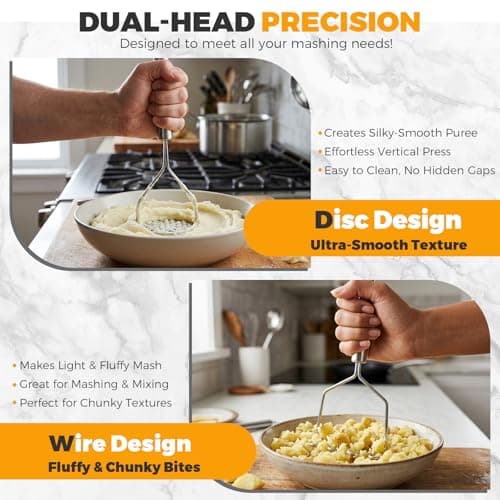 Potato Masher Stainless Steel 2-Piece Set - Heavy Duty Potato Ricer for Smooth Mashed Potatoes, Avocado, Vegetables and Soft Foods - Dishwasher Safe Kitchen Gadgets