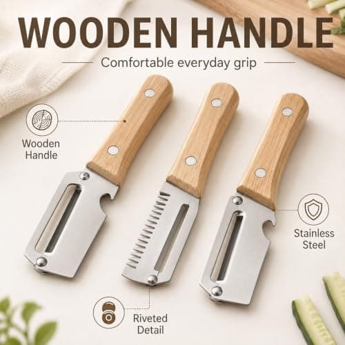 3-Piece Wooden Peeler Set, Stainless Steel Vegetable Peelers with Bottle Opener & Scallion Shredder Tool, Potato Peeler and Green Onion Strip Maker for Kitchen Food Prep — view 5