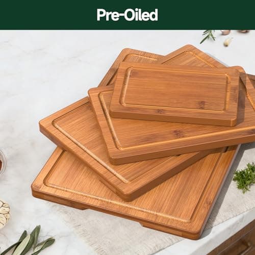 Zeawec 4-Piece Set Deep-Carbonized Bamboo Cutting Board for Kitchen - Crack-Resistant Wood Chopping Boards with Deep Juice Grooves, Pre-Oiled Butcher Block for Meat, Vegetables & Cheese, Carbonized — view 5