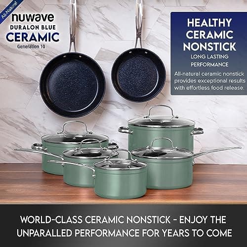 Nuwave Healthy Duralon Blue Ceramic Nonstick Cookware Set, Diamond Infused Scratch-Resistant, PFAS Free, Dishwasher & Oven Safe, Induction Ready & Evenly Heats, Tempered Glass Lids & Stay-Cool Handles — view 7