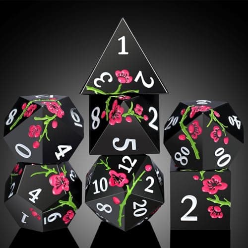 Silver Metal DND Dice Set, 7PCS D&D Metal Dice with Metal Case for Dungeons and Dragons, Shadowrun, Pathfinder, Savage World and Table Games (Matte Black with Pink Flower) — view 5