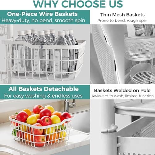 Ocyfym 5 Tier Kitchen Fruit Vegetable Storage Cart with Rotating Basket, Rolling Rack Shelf Organizer Floor Stand on Wheel for Snack Spice Produce Veggie Onion Potato Bin, Vianderos Para Cocina, White — view 2