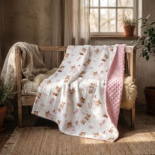 GLLQUEN BABY Blankets for Girls, Soft Muslin Cotton Front Dotted Fleece Backing, Nursery Minky Crib Blanket for Infant Toddler, 30 x 40 inches Throw Blanket, Pink Bear — view 2