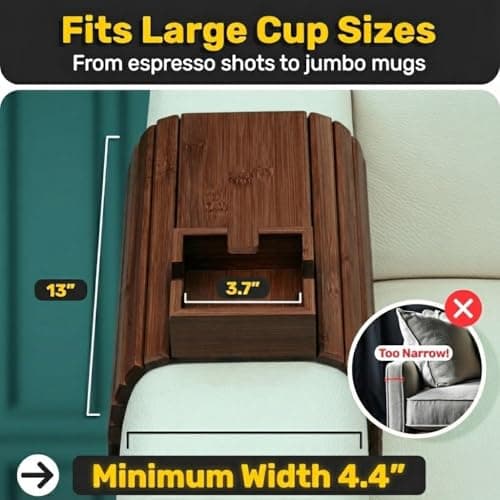 Bamboo Couch Cup Holder, Foldable Couch Armrest Table, Non-Slip Couch & Sofa Arm Tray for Drinks & Snacks - Brown — view 2