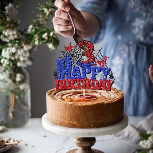 YCTHUNFISH 1 PCS Happy 3th Birthday Cake Topper Spider Web Cheers to 3 Years Third Birthday Cake Pick Superhero Spider Party Decorations for kids Happy 3th Birthday Party Cake Decorations Supplies — view 2