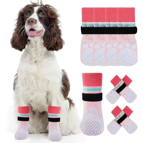 Kuoser Dog Grippy Socks for Senior Dog, Dog Socks for Hardwood Floors Hot Pavement, 4Pack Anti Slip Traction Control Booties Paw Protectors for Small Medium Large Dogs, Pink L