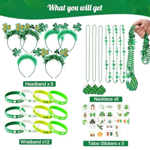 Yunfan 29Pack St Patricks Day Accessories St Patricks Day Decorations Green Shamrock Clover Necklaces Headbands Bracelets Tattoo Stickers for Leprechaun Costume Accessories Irish Party Supplies