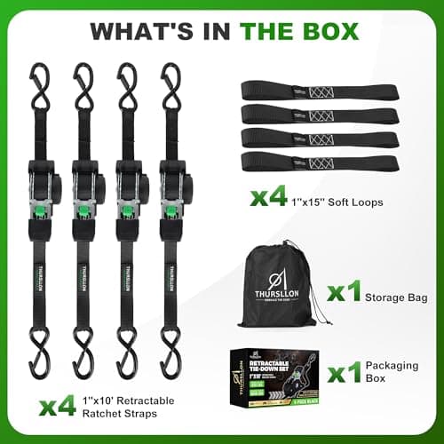 THURSLLON Retractable Ratchet Straps (4-Pack) - 1 Inch x 10 Feet (1,650lb Break Strength) - Auto Self Retracting Tie Down Straps for Truck, Cargo Trailer, Motorcycle, ATV, UTV - Black — view 4