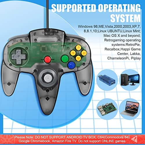 2 Pack FISUPER USB N64 Controller, Wired USB Gamepad Joystick for Windows PC MAC Raspberry PI(Clear Black+Clear Blue)