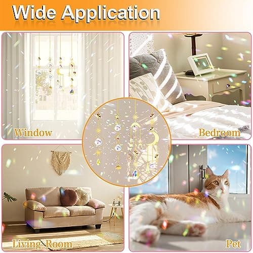 Sun Catchers Indoor Window - 4Pcs Colorful Crystal Suncatchers with 4Pcs PVC Suction Cup Hooks, Hanging Suncatcher for Window with Chain Pendant Ornament, Prism Suncatcher for Home Garden Decoration — view 6