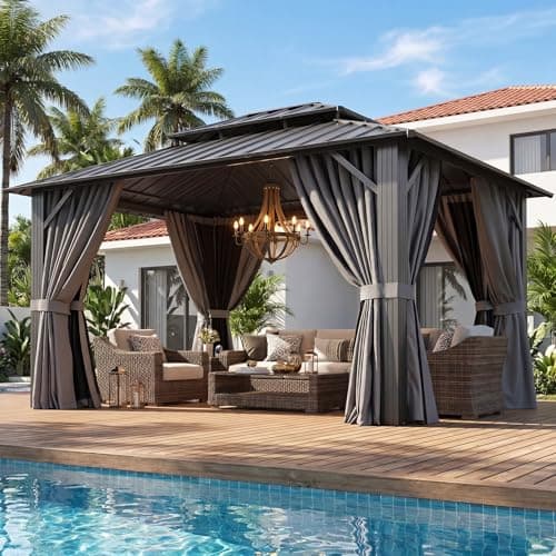 Aoxun 10x12 Gazebo Hardtop Gazebo with Double Galvanized Steel Roof Outdoor Pavilion with Breathable Netting and Privacy Curtain for Backyard (Gray)