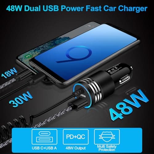 for iPhone 17e/17/16/15 Car Charger,48W PD+QC USB C Fast Car Charger Cigarette Lighter Adapter with 30W Built-in Coiled Type C Fast Charging Cable for iPhone 17e 17 Pro Max Air 16e 16 Pro Max 16 Plus — view 2
