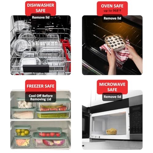 EATEX 14 Pack Glass Meal Prep Containers with Grooved Base, 14 Stackable BPA Free Glass Storage Containers with Lids for Lunch, Pantry, and Kitchen - Microwave, Dishwasher Freezer & Oven Safe - Sage — view 2