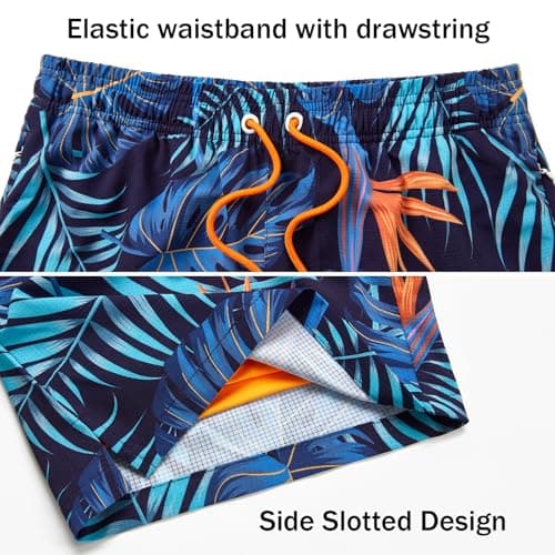 ELETOP Mens Swim Trunks with Compression Liner 5.5" Swim Shorts 2 in 1 Quick Dry Beach Shorts with Zipper Pockets Blue Yellow Palm Leaf M — view 4