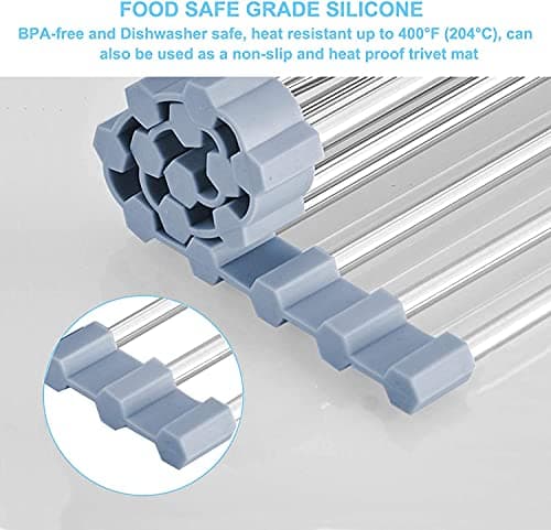 Roll Up Dish Drying Rack, Over Sink Dish Drying Rack for Kitchen Sink Counter, Stainless Steel Wire Dish Drying Rack Kitchen Rolling Dish Drainer Foldable Sink Rack Mat for Vegetables Fruits(44.5x30) — view 6