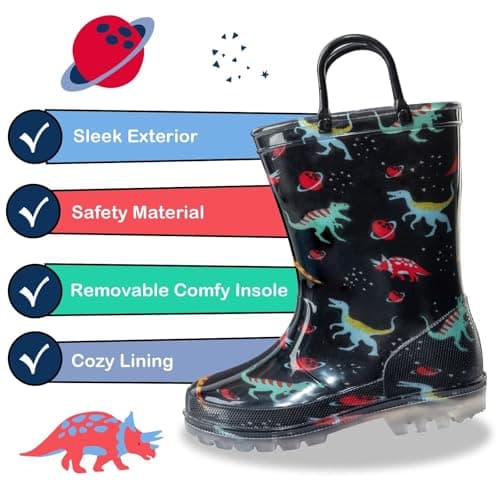 Toddler Rain Boots Kids Light Up Rain Boots for Boys Dinosaur Waterproof Patterns Rainboot with Easy Pull On Handles, Little Kid Size 12 — view 5