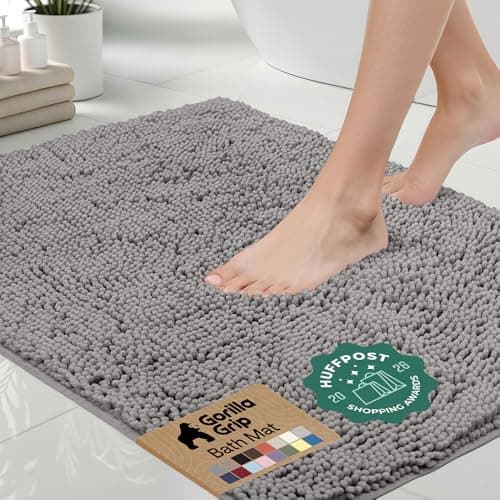 GORILLA GRIP Bath Mat, Thick Soft Absorbent Chenille Floor Mats, Rubber Backing Bathmat, Quick Dry Rug, Machine Washable Rugs for Shower and Tub Floors, Bathroom Accessories Decor, 61x43 cm, Grey