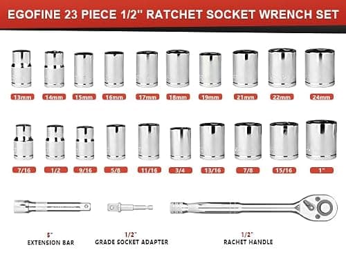 Egofine 1/2" Drive Socket Set, 23 Piece Standard SAE (7/16 to 1 inch) and Metric (13-19, 21, 22, 24mm) 6 Point, with Quick Release Ratchet, Extension Bars, Drive Drill Adapter