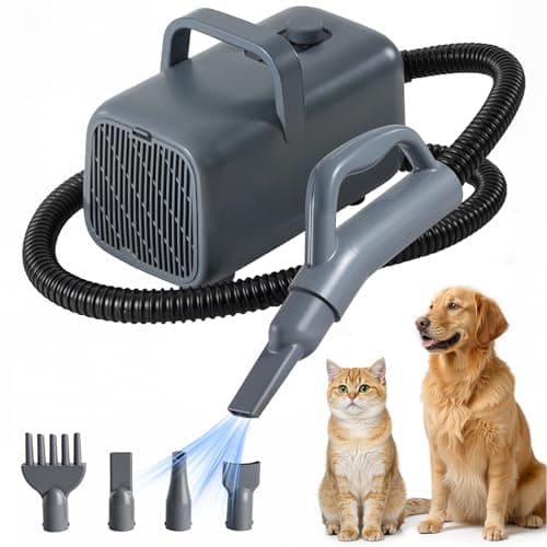 KMFurnila Dog Hair Dryer, Low Noise Pet Dryer for Cats, 1550W High Velocity Pet Blow with Heater for Grooming, Dogs Other Animals Hair Trimmer, Grey