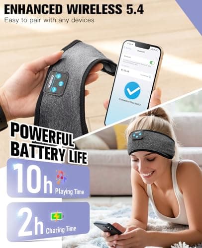 Voerou Sleep Headphones, Bluetooth 5.4 Headband, Wireless Sleeping Headphones with Ultra-Thin Speakers & Comfortable Fabric, Suitable for Sleeping Yoga Meditation Reading Audiobooks — view 6