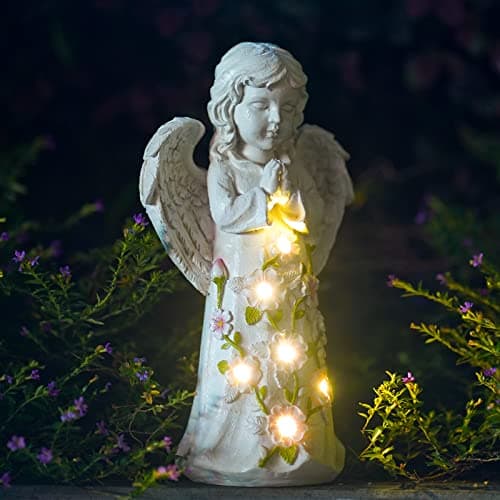 Angel Outdoor Garden Decor Statues – Solar Garden Figurines Gifts for Mom Grandma or Cemetery Decorations for Grave Garden Memorial Stones
