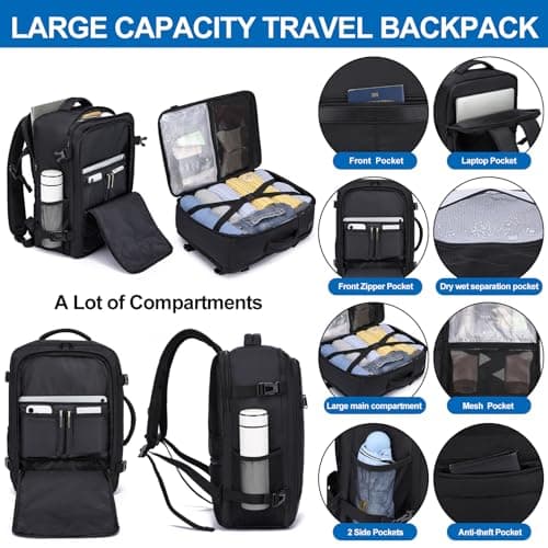 Travel Backpack for Men,Airplane Approved Carry On Backpack Suitcase with Shoe Pouch, Luggage Bag TSA 15.6inch Laptop Mochila Flight Approved Personal Item Travel Bag Bookbag Travel Essentials,Black — view 2